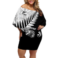 Women’s off-shoulder short dress in black with NZ rugby fern and tribal graphic print
