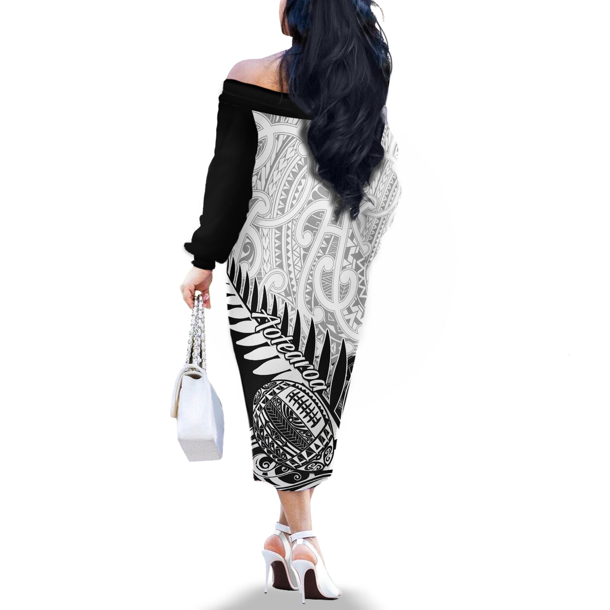 Women’s off-shoulder long sleeve dress, black with white tribal print, side view