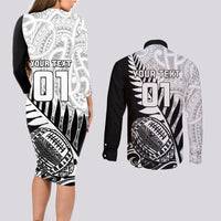 Custom New Zealand Silver Fern Rugby Couples Matching Long Sleeve Bodycon Dress and Long Sleeve Button Shirts Aotearoa Maori Black Version - Wonder Print Shop
