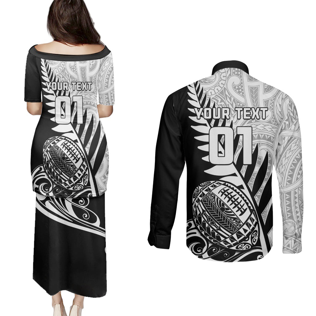 Custom New Zealand Silver Fern Rugby Couples Matching Puletasi Dress and Long Sleeve Button Shirts Aotearoa Maori Black Version - Wonder Print Shop