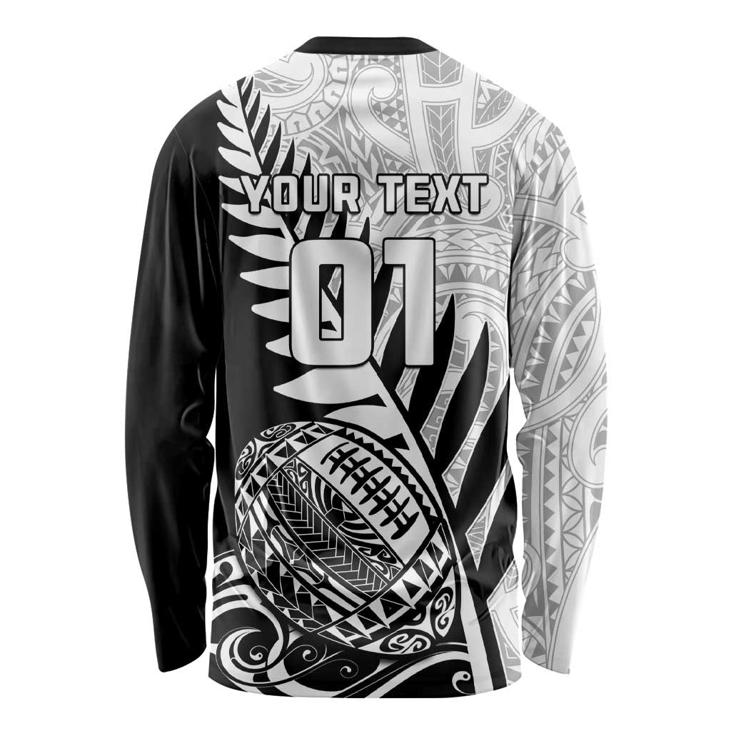 Custom New Zealand Silver Fern Rugby Long Sleeve Shirt Aotearoa Maori Black Version LT01