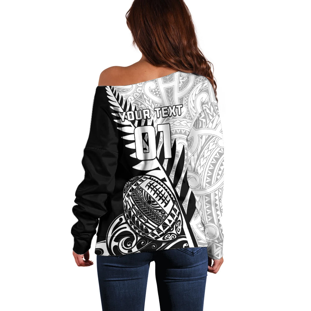 Custom New Zealand Silver Fern Rugby Off Shoulder Sweater Aotearoa Maori Black Version - Wonder Print Shop