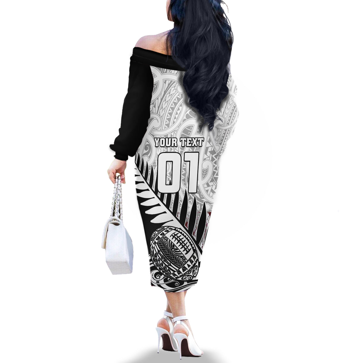 Custom New Zealand Silver Fern Rugby Off The Shoulder Long Sleeve Dress Aotearoa Maori Black Version - Wonder Print Shop