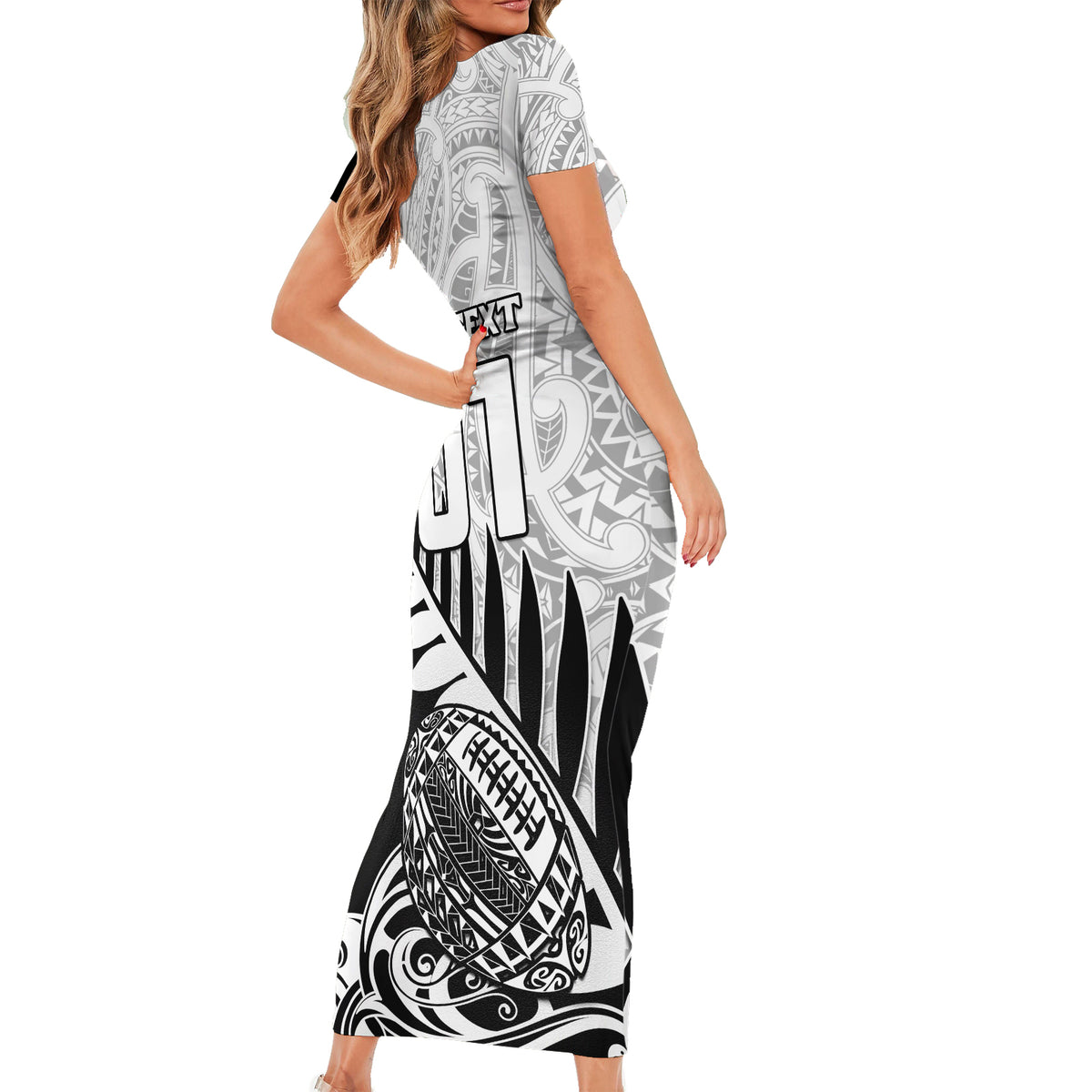 Custom New Zealand Silver Fern Rugby Short Sleeve Bodycon Dress Aotearoa Maori Black Version - Wonder Print Shop