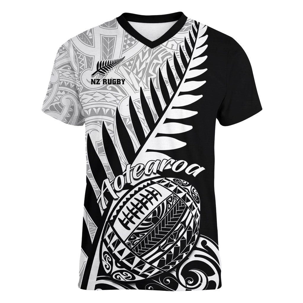 Custom New Zealand Silver Fern Rugby Women V Neck T Shirt Aotearoa Maori Black Version - Wonder Print Shop