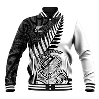 White/black rugby baseball jacket with Maori graphics and striped rib trim