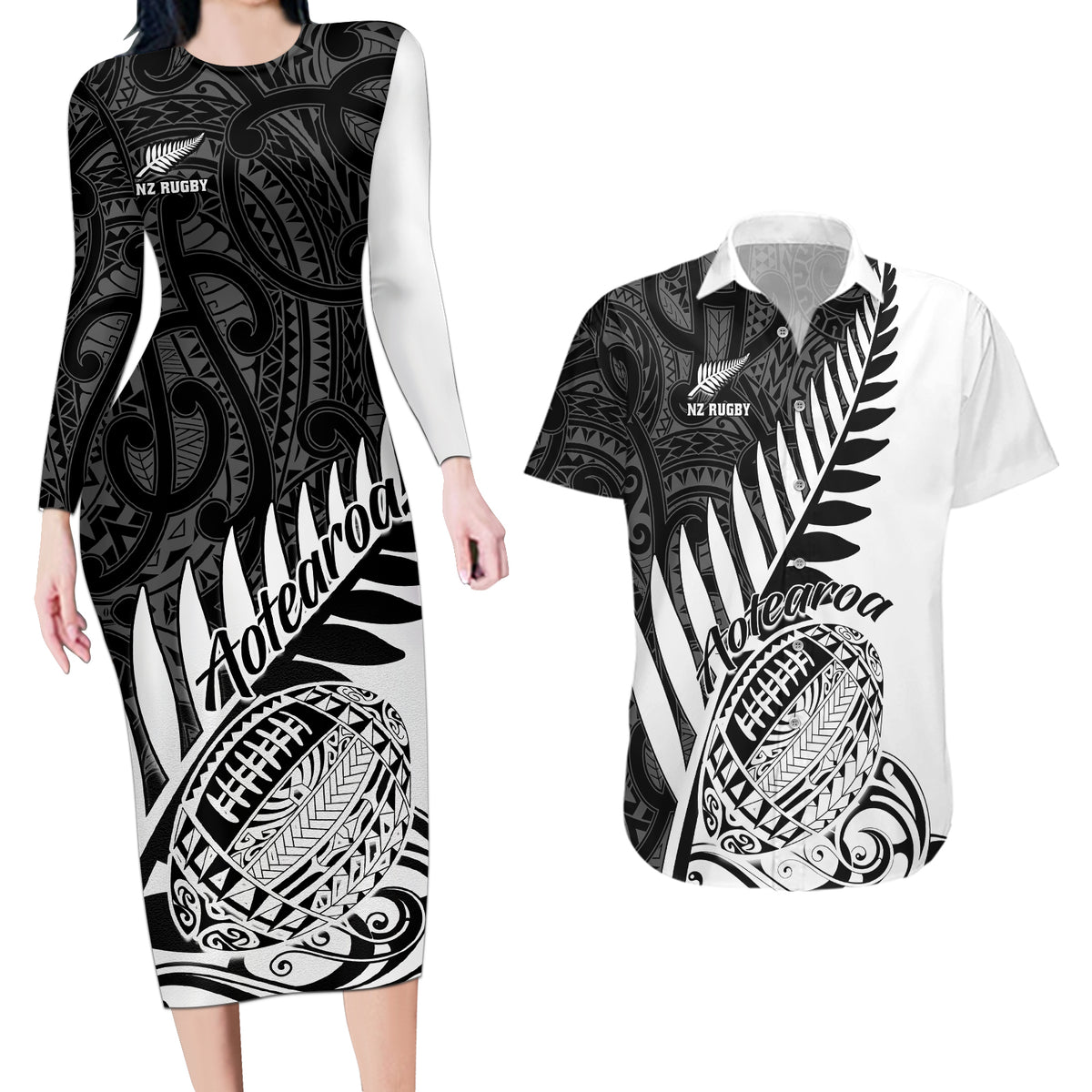 New Zealand Silver Fern Rugby Couples Matching Long Sleeve Bodycon Dress and Hawaiian Shirt Aotearoa Maori White Version - Wonder Print Shop