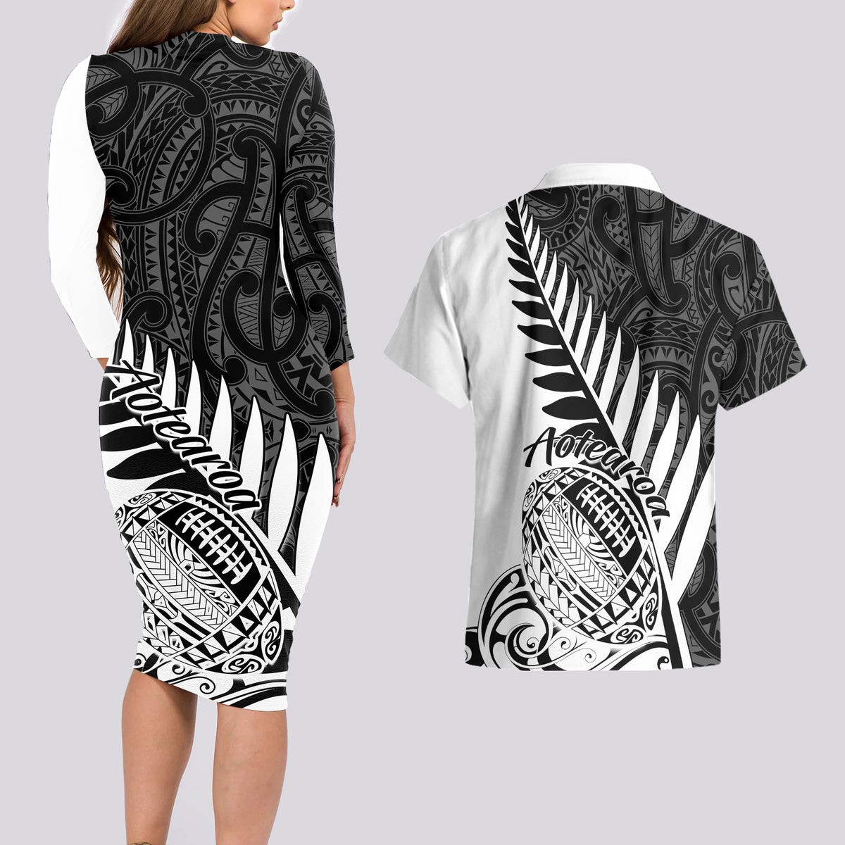 Rear view matching bodycon dress and Hawaiian shirt, black/white tribal prints