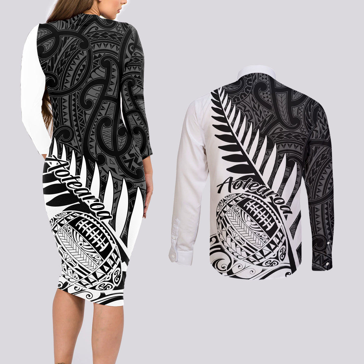 Back view black-and-white long-sleeve bodycon dress and button-up shirt set with fern print