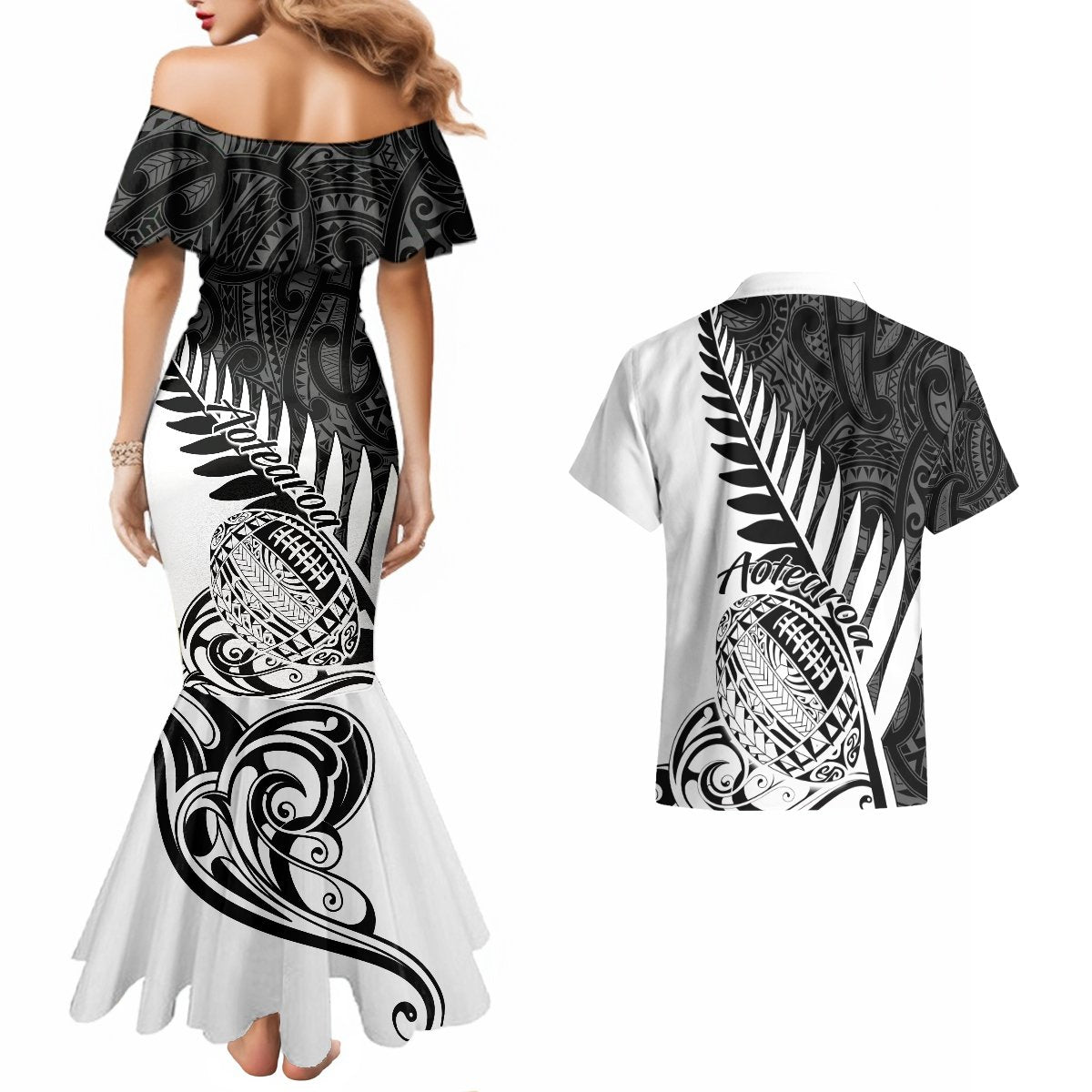 Off-shoulder mermaid dress back and white Hawaiian shirt with black fern-and-maori print