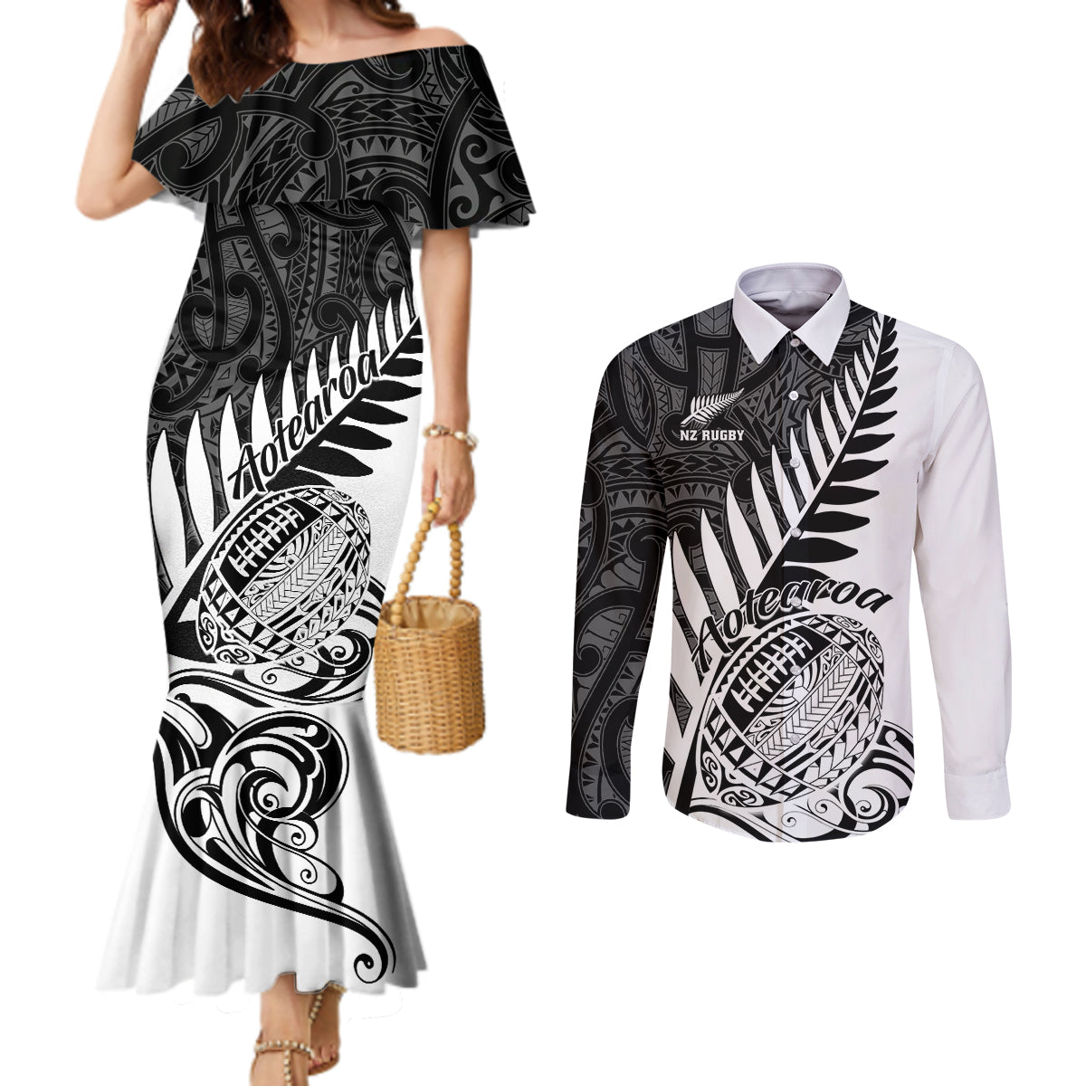 new-zealand-silver-fern-rugby-couples-matching-mermaid-dress-and-long-sleeve-button-shirts-aotearoa-maori-white-version