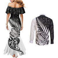 Back view matching off-shoulder mermaid dress and long-sleeve button shirt with Aotearoa