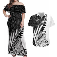 New Zealand Silver Fern Rugby Couples Matching Off Shoulder Maxi Dress and Hawaiian Shirt Aotearoa Maori White Version - Wonder Print Shop