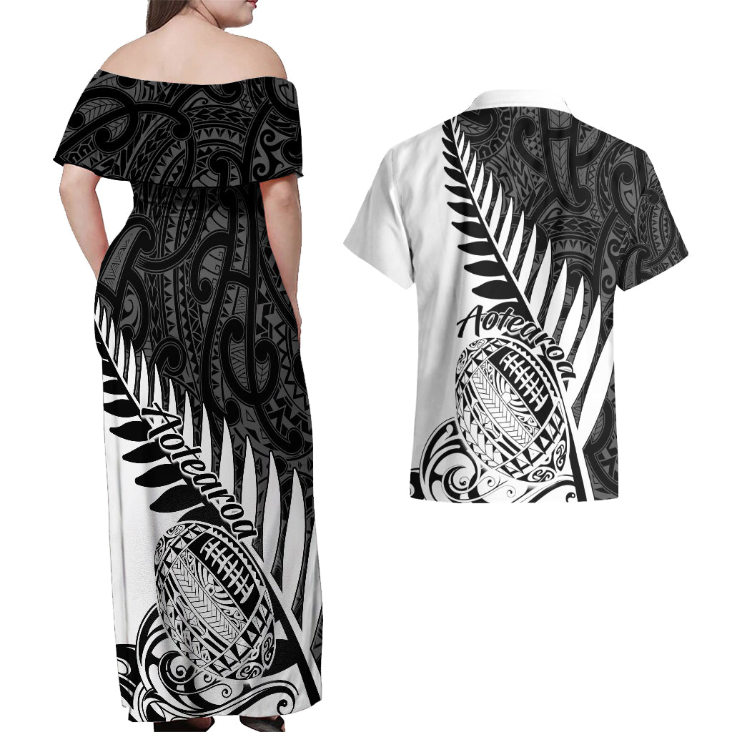 New Zealand Silver Fern Rugby Couples Matching Off Shoulder Maxi Dress and Hawaiian Shirt Aotearoa Maori White Version - Wonder Print Shop