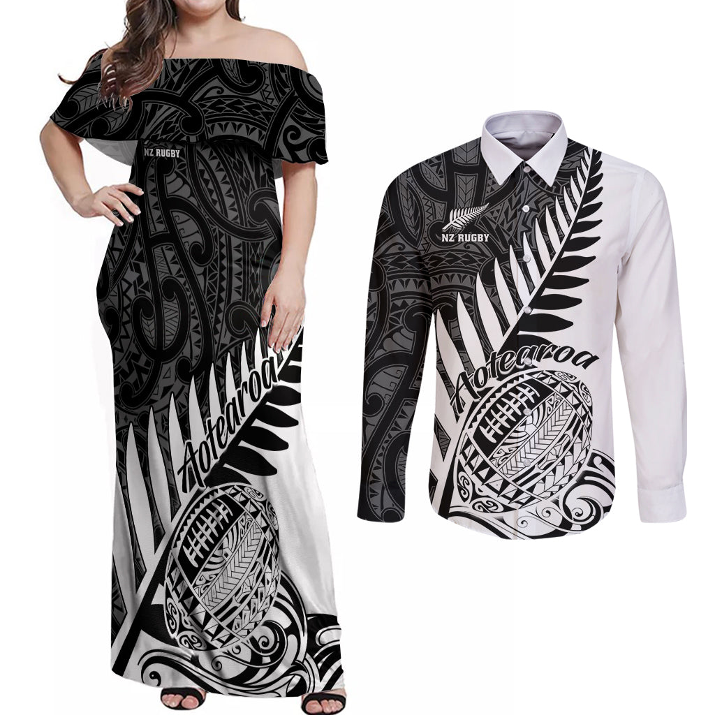 New Zealand Silver Fern Rugby Couples Matching Off Shoulder Maxi Dress and Long Sleeve Button Shirts Aotearoa Maori White Version - Wonder Print Shop