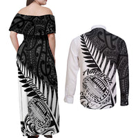 Couples set: off-shoulder maxi dress and long-sleeve button shirt, black/white prints