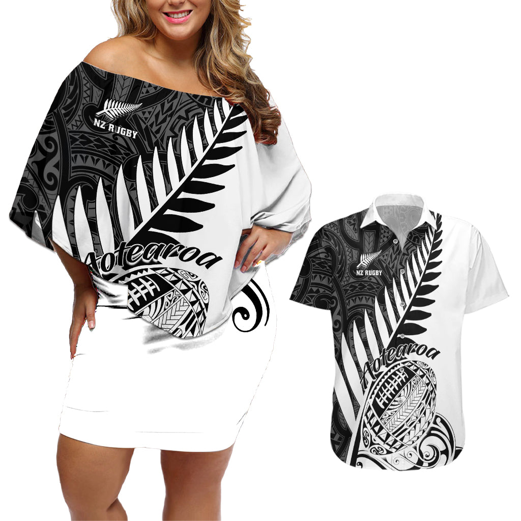 New Zealand Silver Fern Rugby Couples Matching Off Shoulder Short Dress and Hawaiian Shirt Aotearoa Maori White Version - Wonder Print Shop