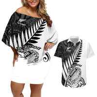 Off-shoulder short dress and Hawaiian shirt set, white with black tribal fern prints