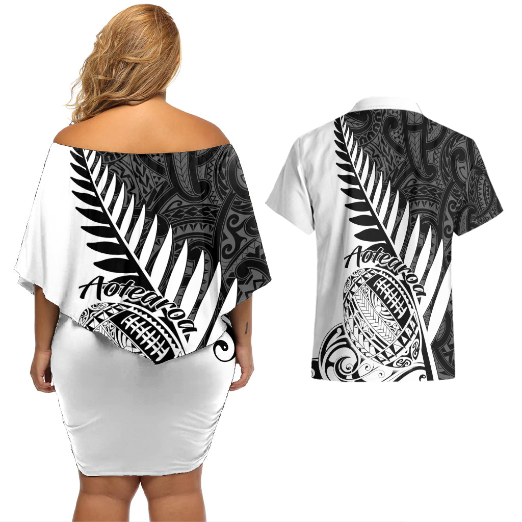 Off-shoulder short dress and Hawaiian shirt set, back view, white with black fern prints