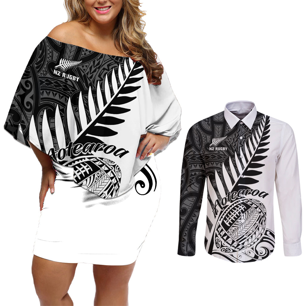New Zealand Silver Fern Rugby Couples Matching Off Shoulder Short Dress and Long Sleeve Button Shirts Aotearoa Maori White Version - Wonder Print Shop