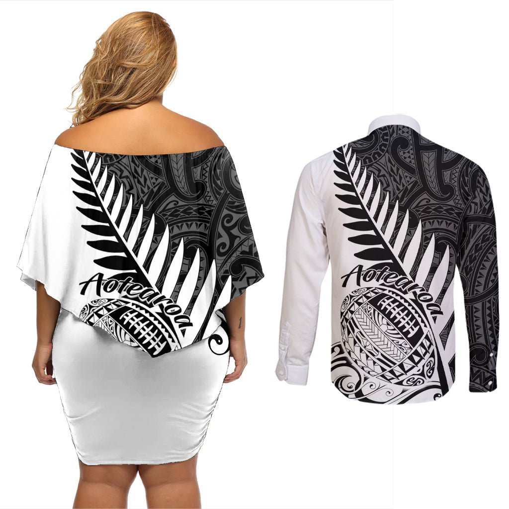 New Zealand Silver Fern Rugby Couples Matching Off Shoulder Short Dress and Long Sleeve Button Shirts Aotearoa Maori White Version - Wonder Print Shop