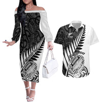 Off-shoulder long-sleeve dress and short-sleeve Hawaiian shirt set, white/black tribal print