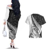Off-shoulder long-sleeve dress and Hawaiian shirt, back view, white/black tribal print