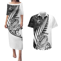 White puletasi dress and Hawaiian shirt set with black fern tribal print