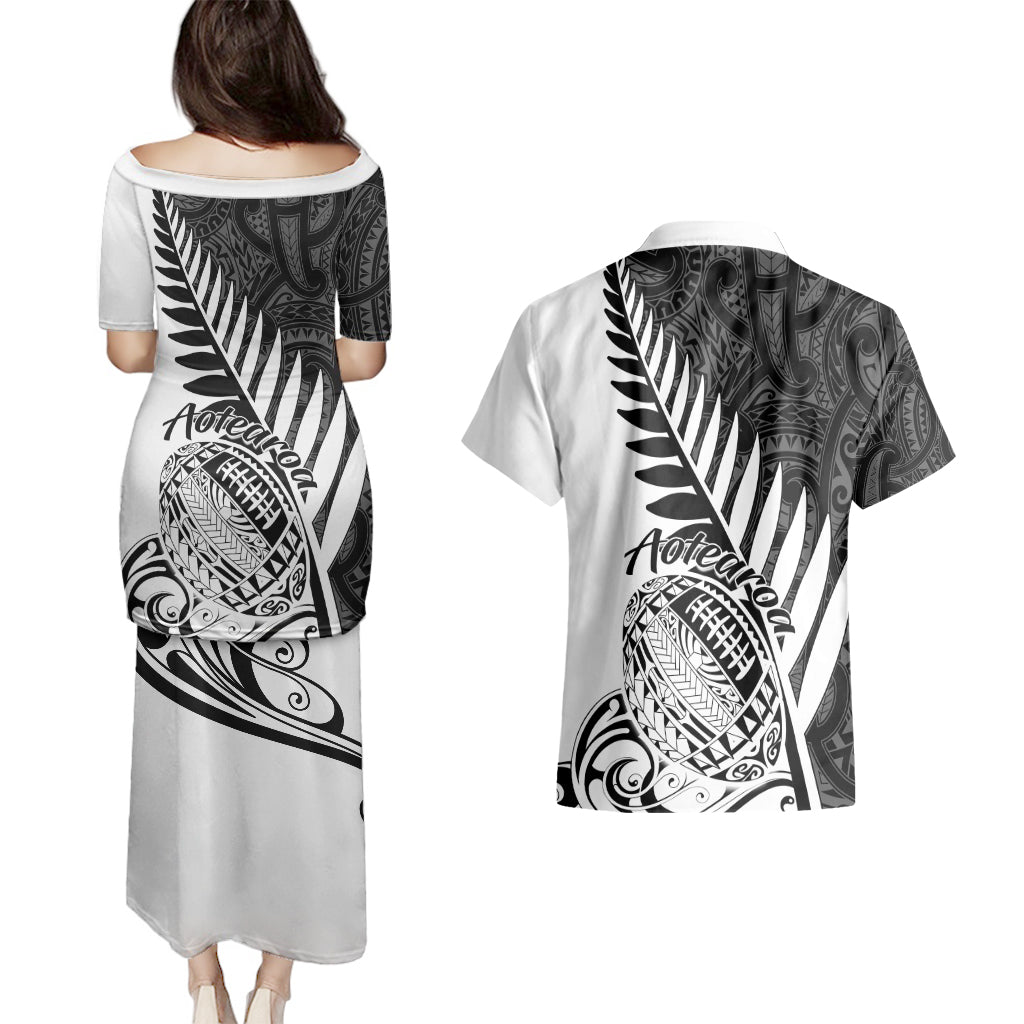 White puletasi dress and Hawaiian shirt set, back view with black fern tribal print