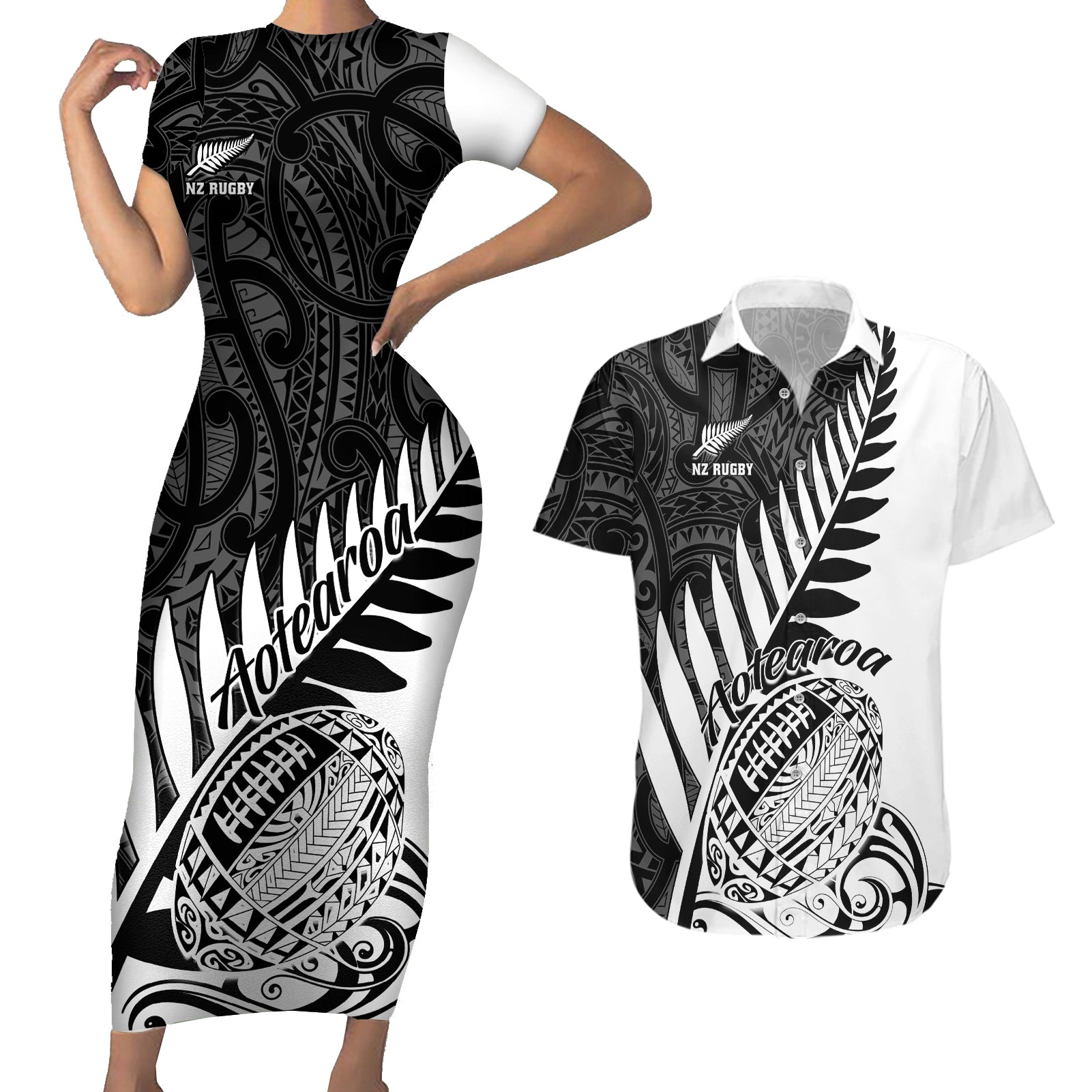 New Zealand Silver Fern Rugby Couples Matching Short Sleeve Bodycon Dress and Hawaiian Shirt Aotearoa Maori White Version - Wonder Print Shop