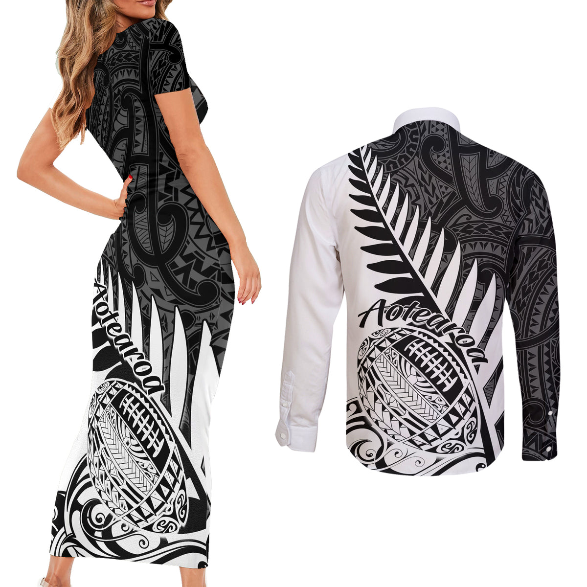 New Zealand Silver Fern Rugby Couples Matching Short Sleeve Bodycon Dress and Long Sleeve Button Shirts Aotearoa Maori White Version - Wonder Print Shop