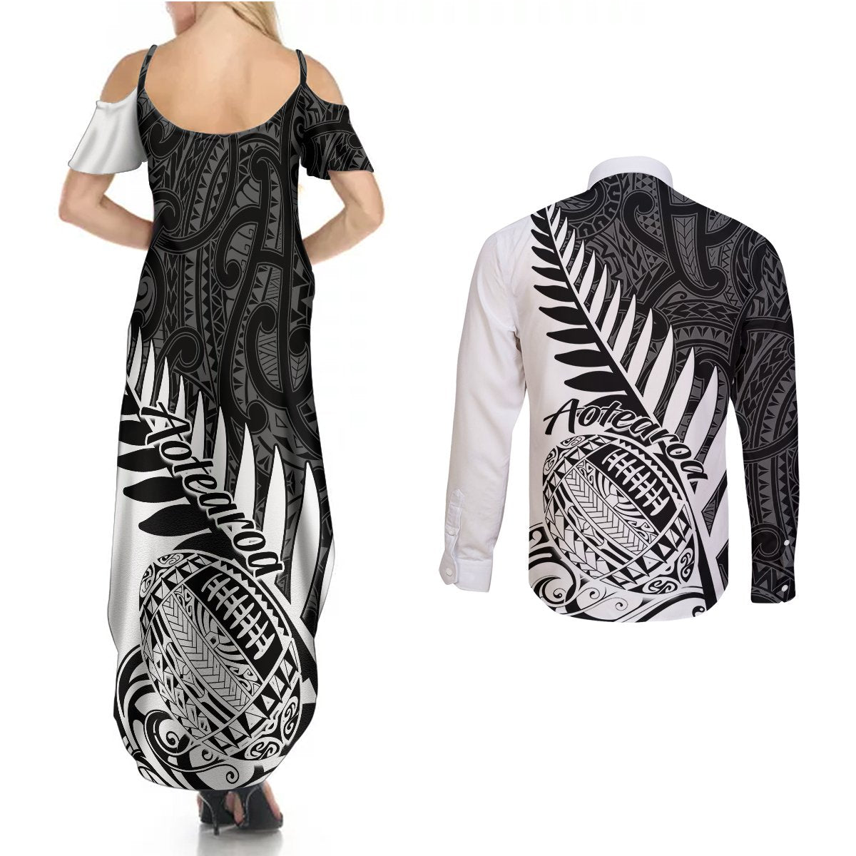 Couples set: black maxi dress and white long-sleeve button shirt, tribal rugby print