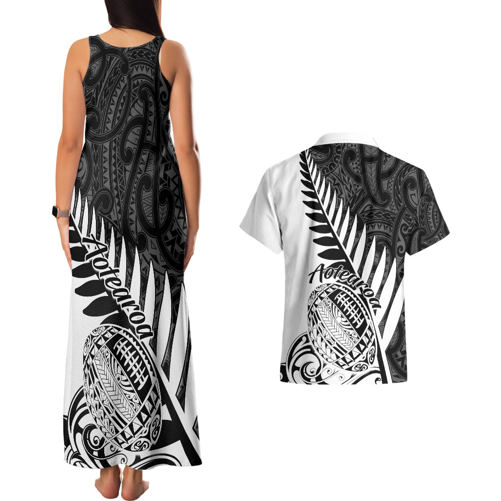 Matching tank maxi dress and short-sleeve shirt, back view black maxi with tribal print