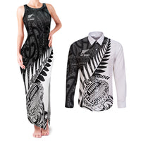 Tank maxi dress and button shirt set: black fern tribal print, white long-sleeve shirt