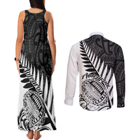 Tank maxi dress and button shirt set backs: black fern tribal print, white long-sleeve shirt