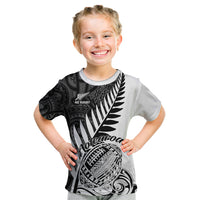 Kids rugby T-shirt, white with black NZ Rugby and fern Aotearoa print