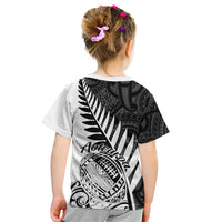 Kids rugby T-shirt, white with black back fern and Maori-style Aotearoa graphic
