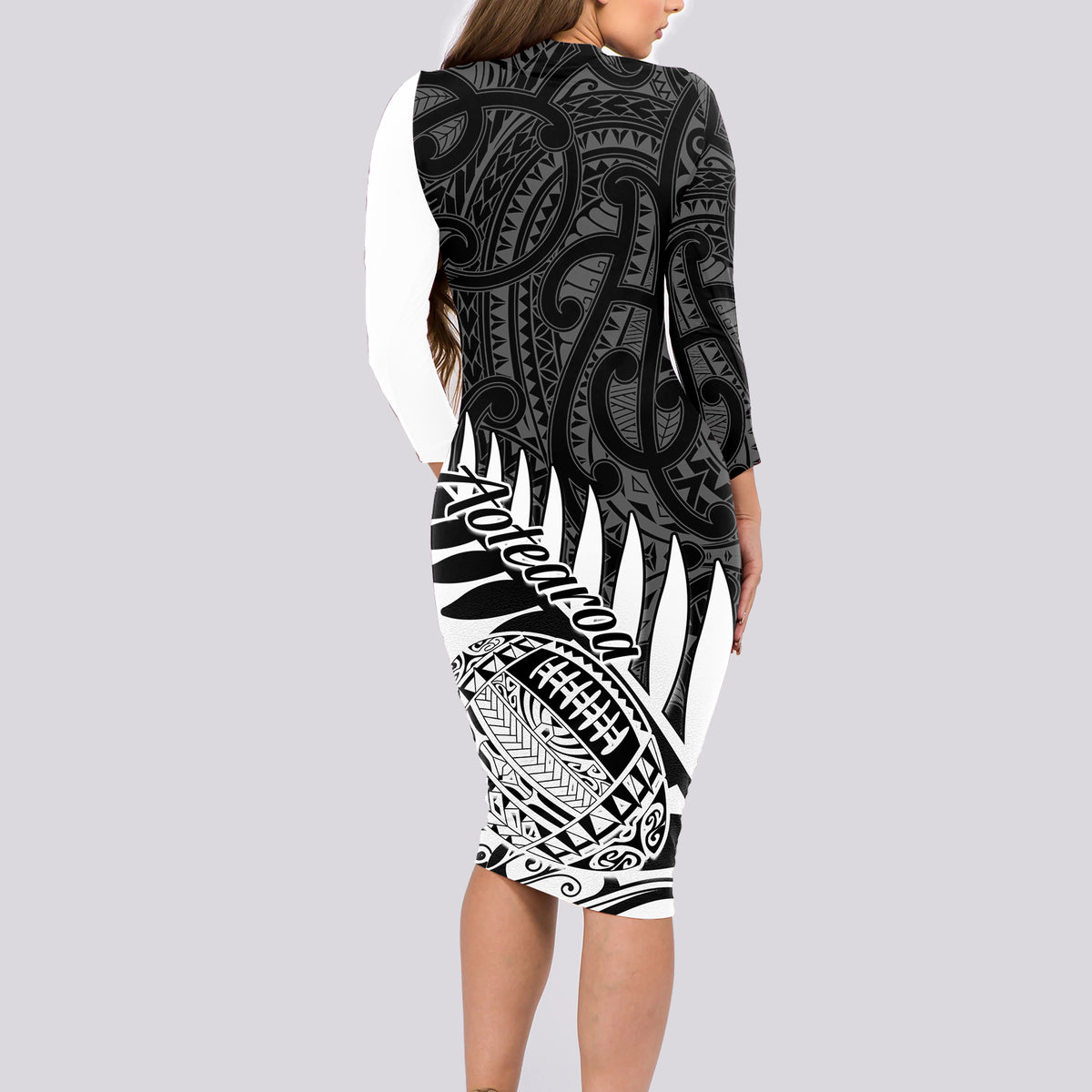 New Zealand Silver Fern Rugby Long Sleeve Bodycon Dress Aotearoa Maori White Version - Wonder Print Shop