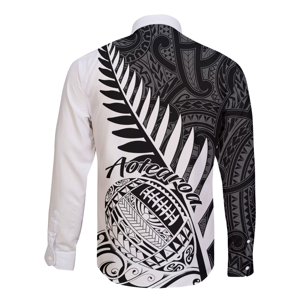 White long-sleeve rugby button shirt, back view with black Maori tribal print