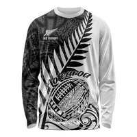 Unisex white long-sleeve rugby shirt with black Maori-style fern and Aotearoa graphic