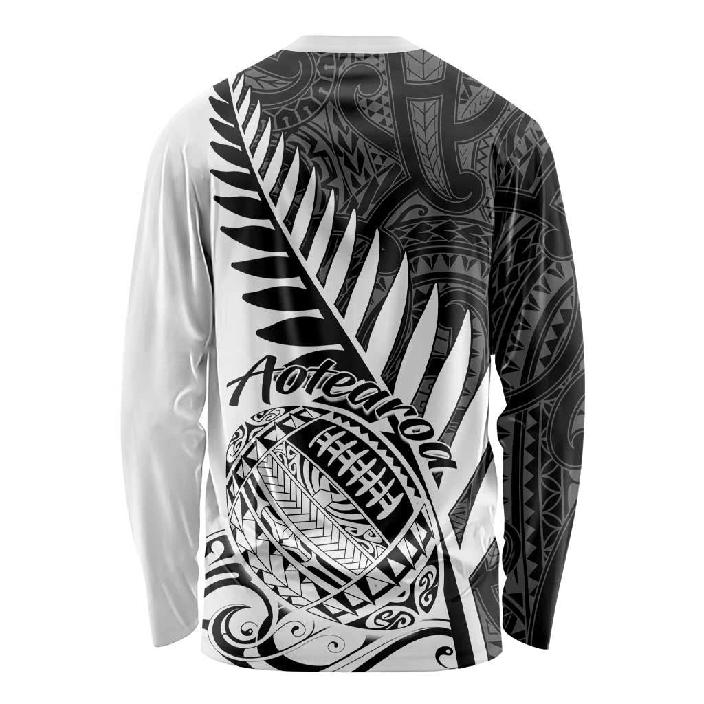 Unisex white long-sleeve rugby shirt, black Maori-style back graphic with fern and rugby ball