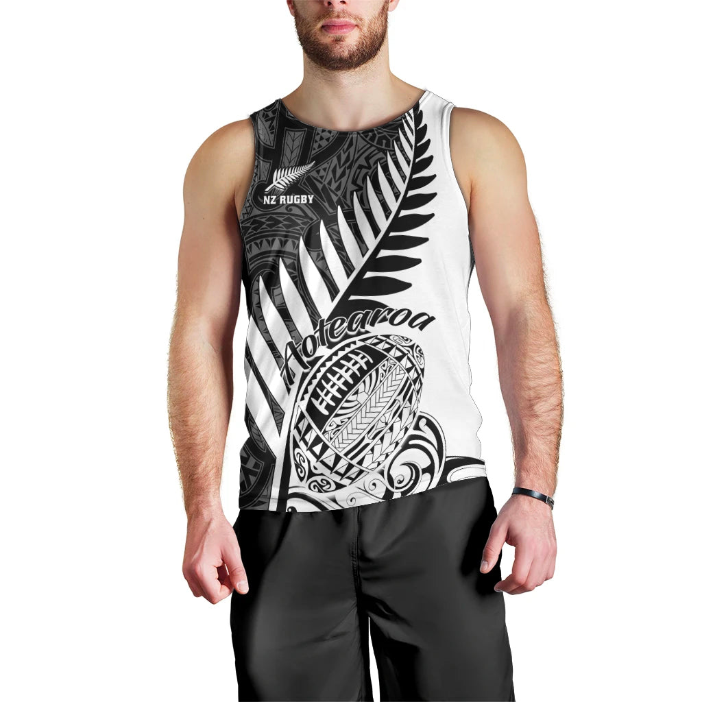 Men's white rugby tank top with black Maori-style artwork and Aotearoa script, crew neck.