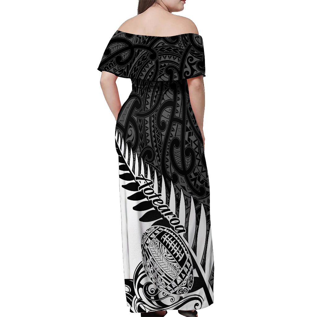 Women’s off-shoulder maxi dress, back view, black and white tribal pattern
