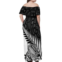 Women’s off-shoulder maxi dress, back view, black and white tribal pattern