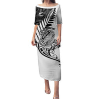White long rugby dress with black tribal Polynesian print and silver fern motif