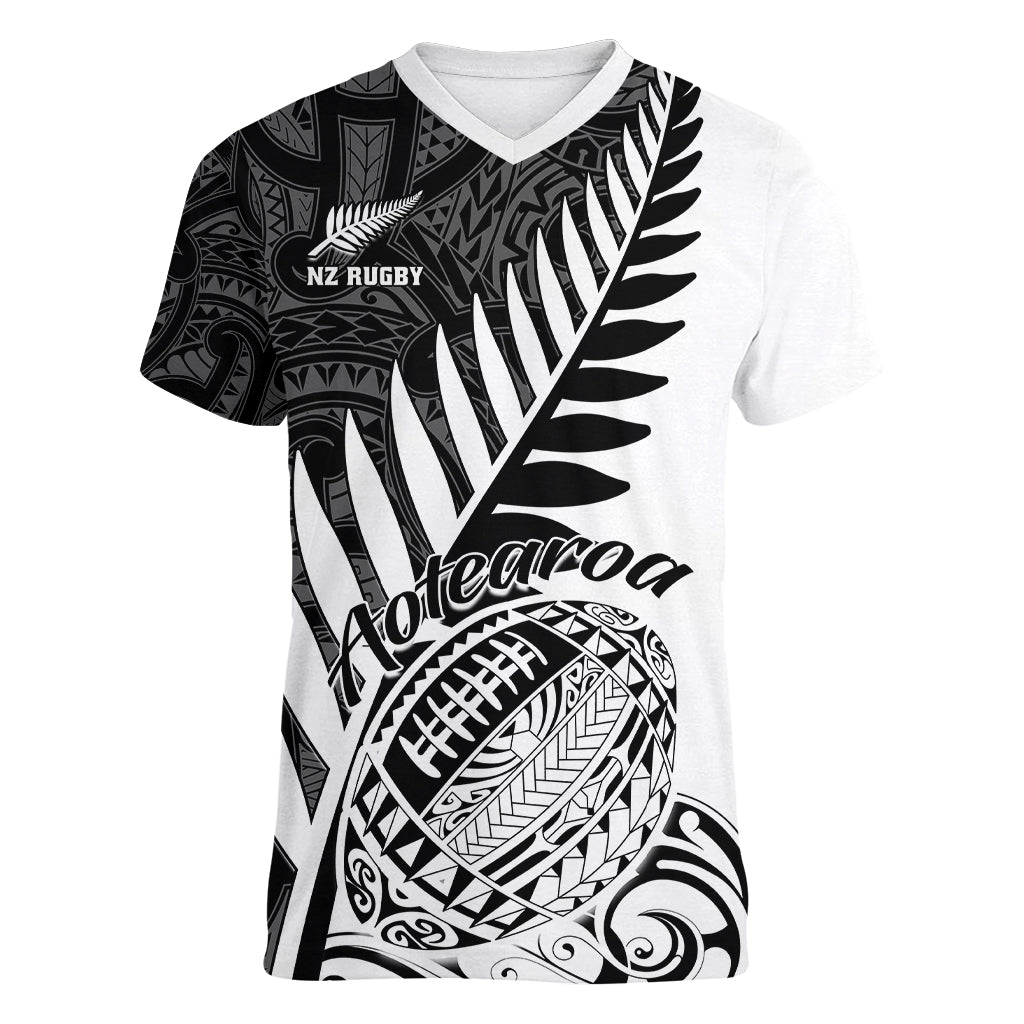 New Zealand Silver Fern Rugby Women V Neck T Shirt Aotearoa Maori White Version - Wonder Print Shop
