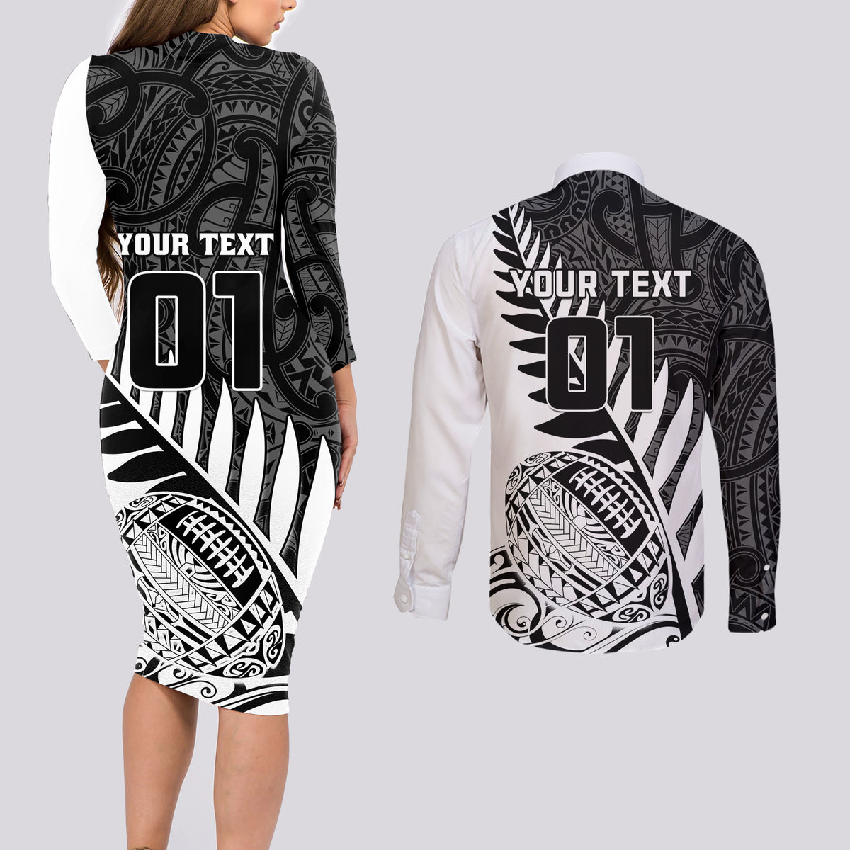 Custom New Zealand Silver Fern Rugby Couples Matching Long Sleeve Bodycon Dress and Long Sleeve Button Shirts Aotearoa Maori White Version - Wonder Print Shop