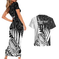 Custom New Zealand Silver Fern Rugby Couples Matching Short Sleeve Bodycon Dress and Hawaiian Shirt Aotearoa Maori White Version - Wonder Print Shop