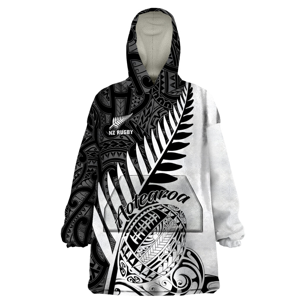 Custom New Zealand Silver Fern Rugby Wearable Blanket Hoodie Aotearoa Maori White Version - Wonder Print Shop