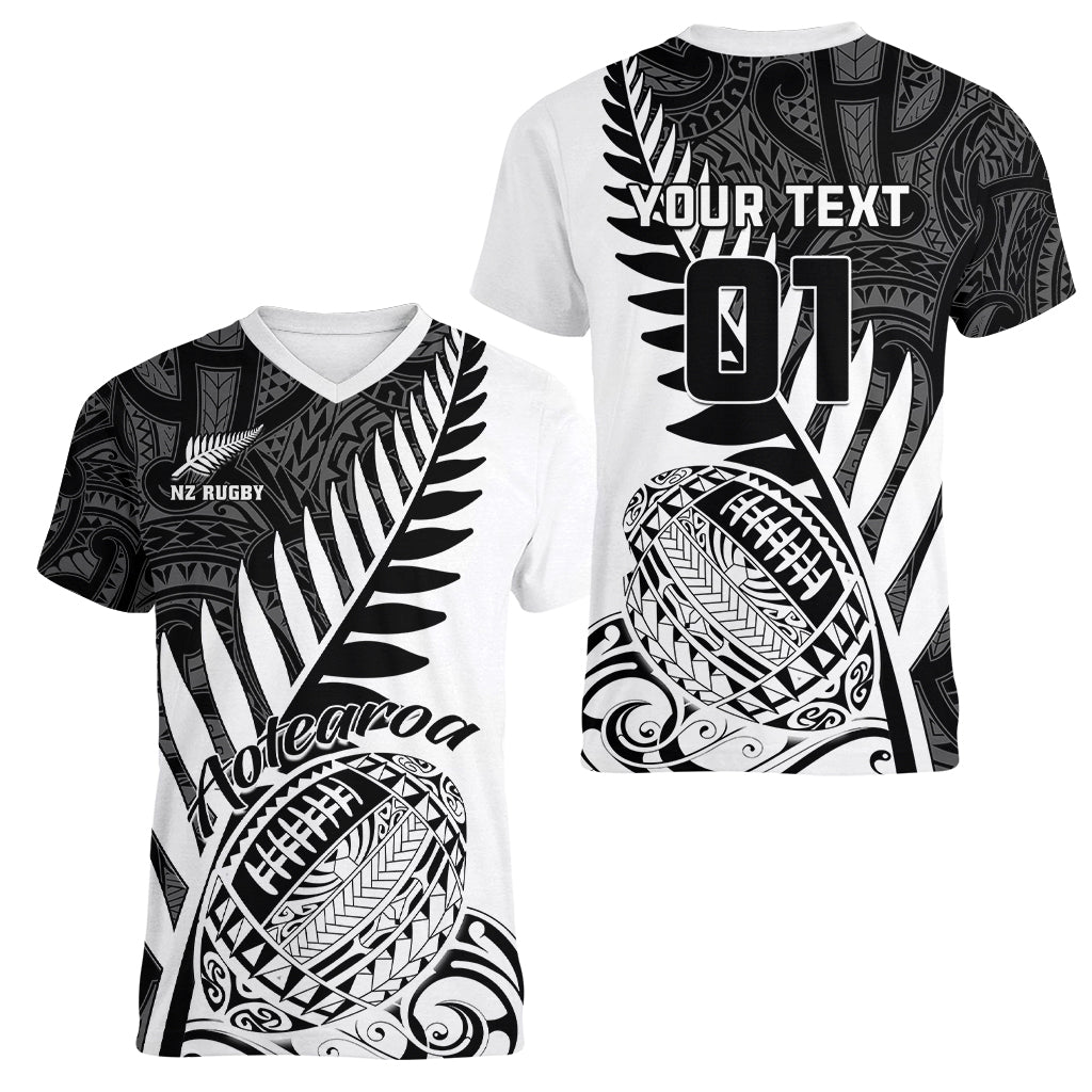 Custom New Zealand Silver Fern Rugby Women V Neck T Shirt Aotearoa Maori White Version - Wonder Print Shop